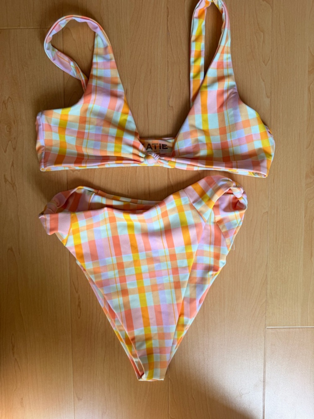 Skatie Pastel Plaid Knotted Bikini Top & bottom in Orange, Yellow & Pink